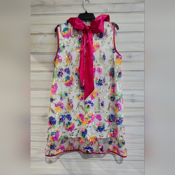 NWT Brianna Cannon Audrey A-Line Dress - Bright Sequins with Hot Pink Ruffle - Picture 3 of 4